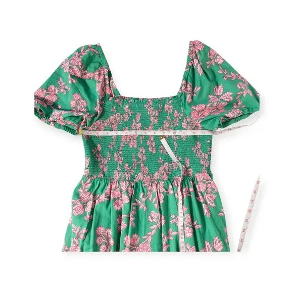 J.Crew Floral Puff Sleeve Smocked Cotton Midi Dress SZ S Green Boho Cottage Core - Picture 9 of 9